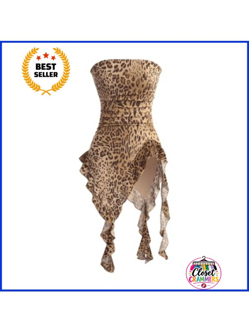 Y2K Leopard Print Bandeau Tube Top Sheer Mesh Ruffle Fitted